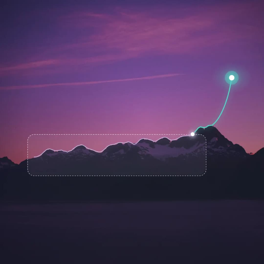 A dashed frame around a mountain ridge at dusk, with a glowing line breaking out at the summit and rising into the sky